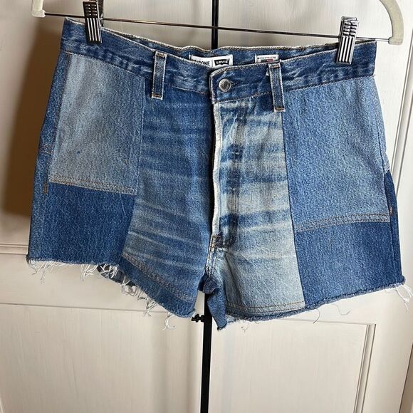 RE/DONE LEVI'S DENIM PATCHWORK SHORTS WITH FRAYED HEM Size 27 - Picture 2 of 9